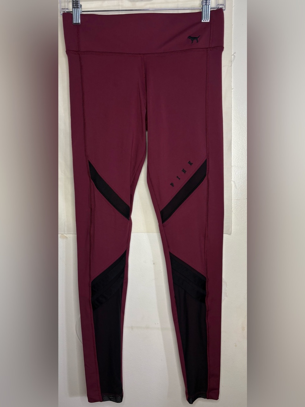 PINK Victoria's Secret Maroon Leggings with Black Mesh Insets
